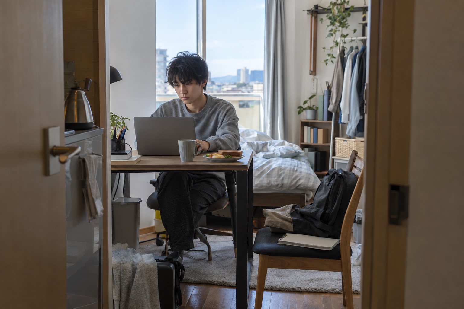 自宅で授業の課題とカフェ勤務を両立する学生。AI生成のイメージで、実際の画面・事例・提供内容を示すものではありません。