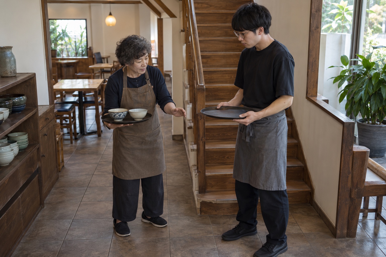 沖縄の食堂で新人に配膳の姿勢を教える店長。AI生成のイメージで、実際の画面・事例・提供内容を示すものではありません。