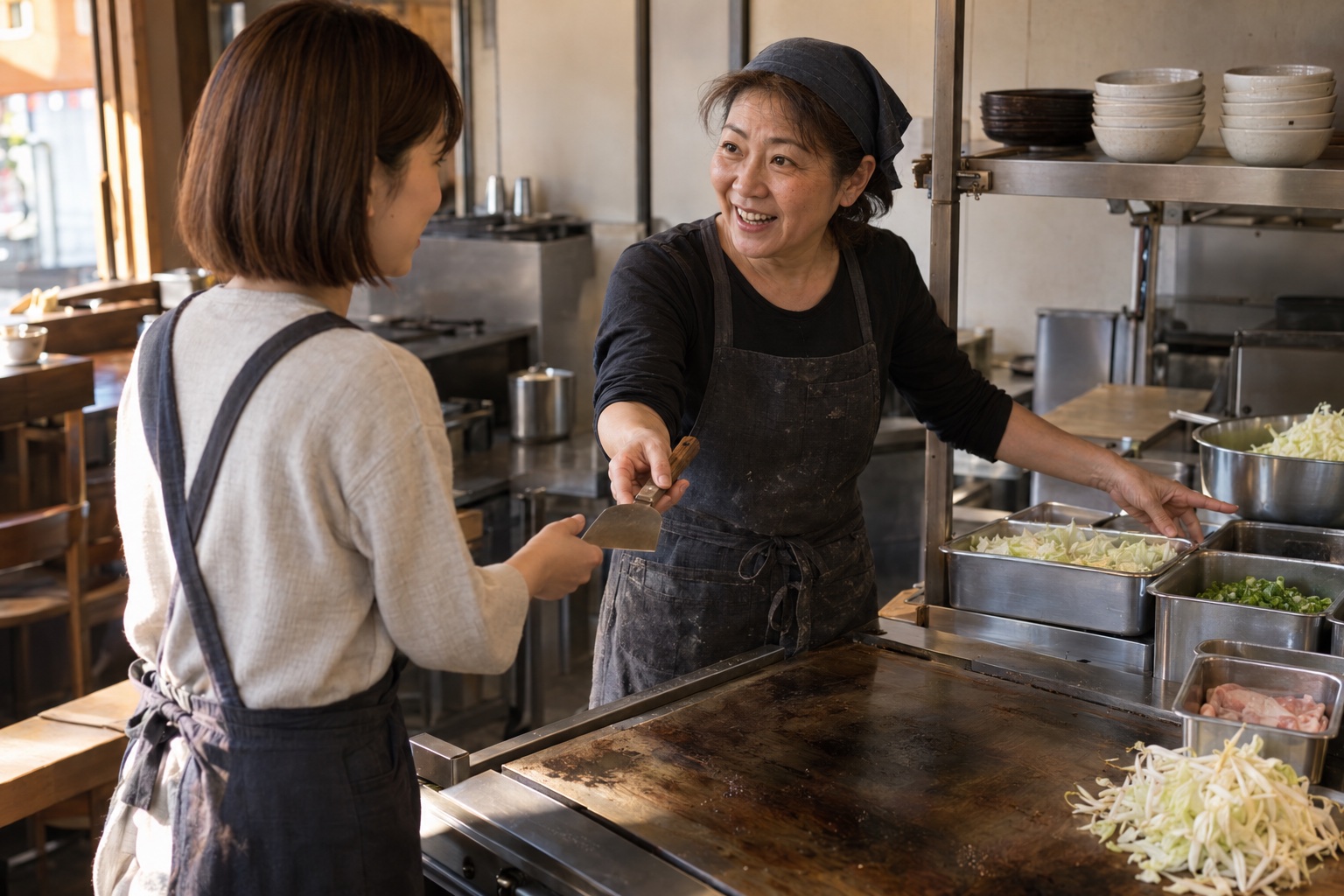 お好み焼き店で夕方の仕事を引き継ぐスタッフ。AI生成のイメージで、実際の画面・事例・提供内容を示すものではありません。