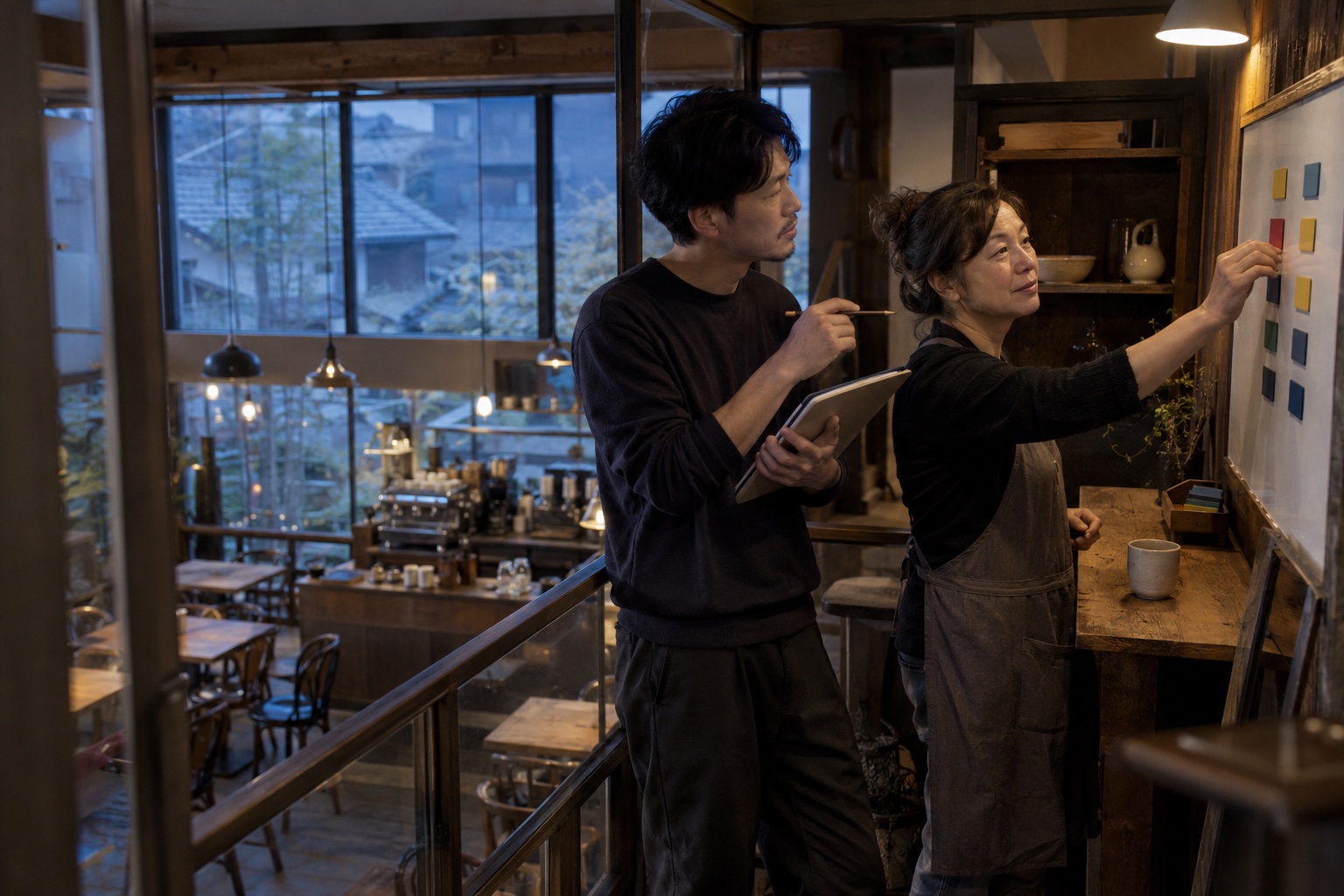 喫茶店の中二階で勤務を組む店主と責任者。AI生成のイメージで、実際の画面・事例・提供内容を示すものではありません。
