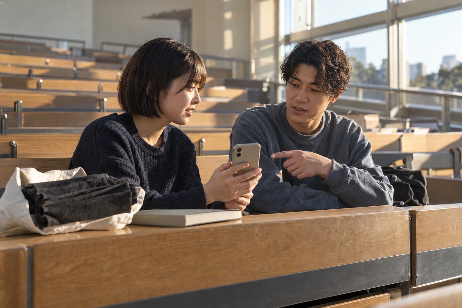 大学の講義室でラーメン店の勤務交代を相談する学生。AI生成のイメージで、実際の画面・事例・提供内容を示すものではありません。