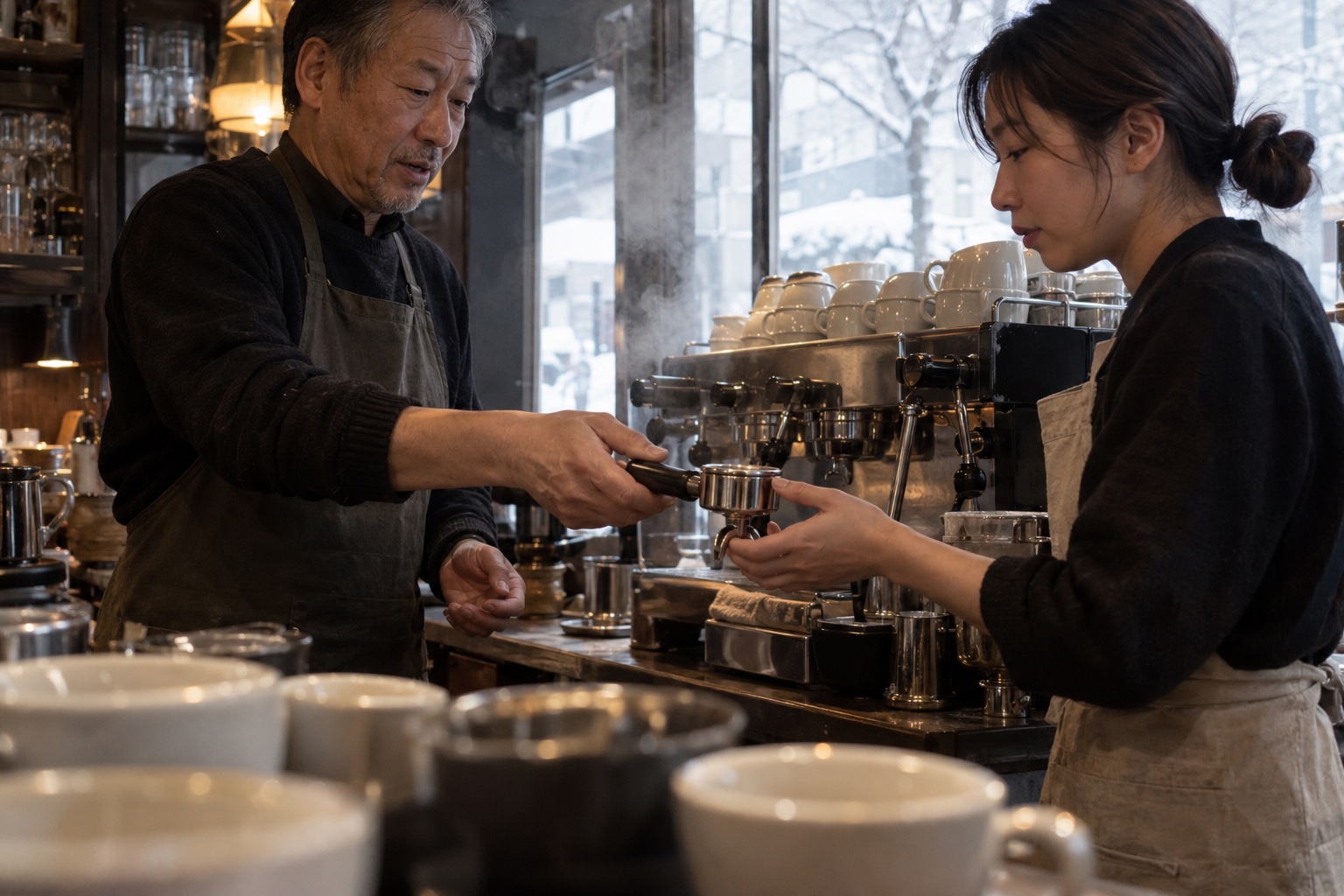 札幌のカフェで抽出道具を引き継ぐバリスタ。AI生成のイメージで、実際の画面・事例・提供内容を示すものではありません。
