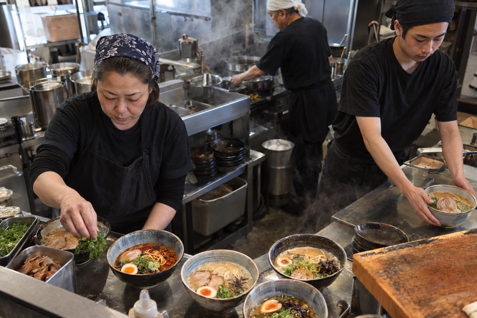 昼のラーメン店で盛り付けを進める調理スタッフ。AI生成のイメージで、実際の画面・事例・提供内容を示すものではありません。
