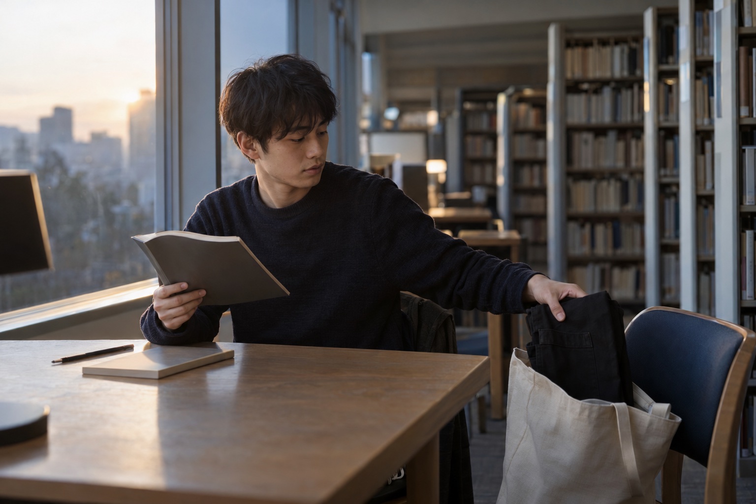 大学図書館で課題を進めてカフェの出勤に備える学生。AI生成のイメージで、実際の画面・事例・提供内容を示すものではありません。