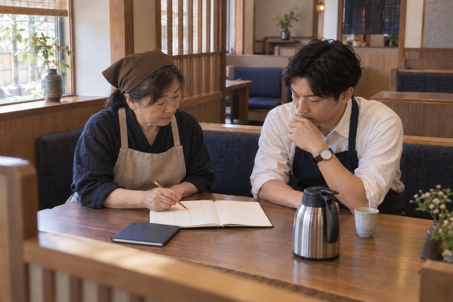 定食店の客席で週の勤務を組む店主と店長。AI生成のイメージで、実際の画面・事例・提供内容を示すものではありません。