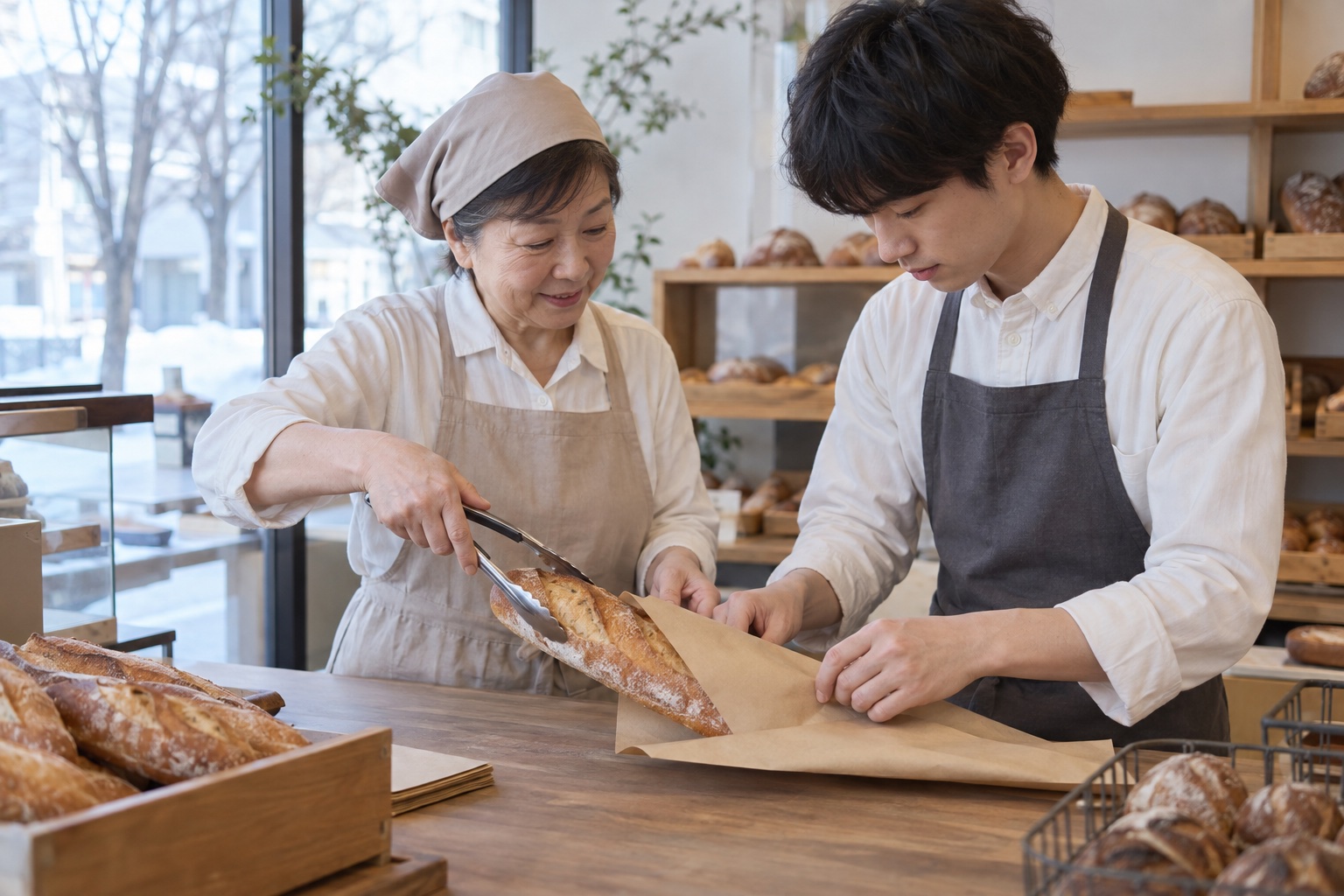 パン屋の売場で新人に包装を教える先輩。AI生成のイメージで、実際の画面・事例・提供内容を示すものではありません。