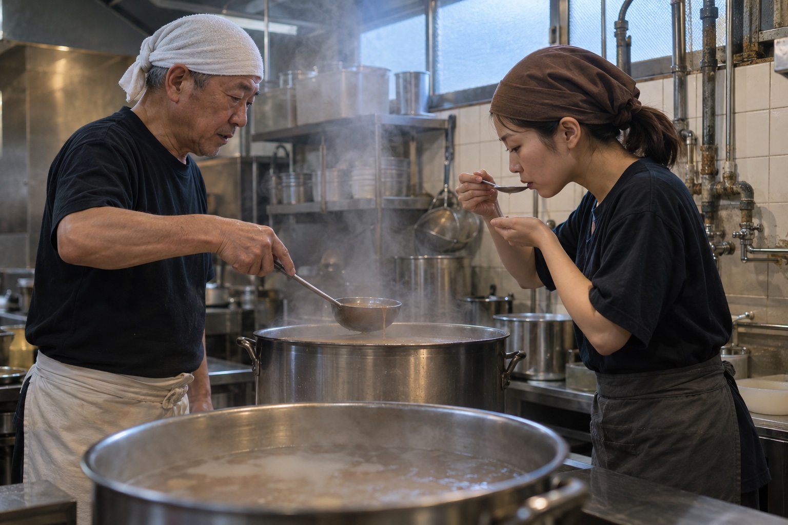 ラーメン店の寸胴鍋前でスープを引き継ぐ二人。AI生成のイメージで、実際の画面・事例・提供内容を示すものではありません。