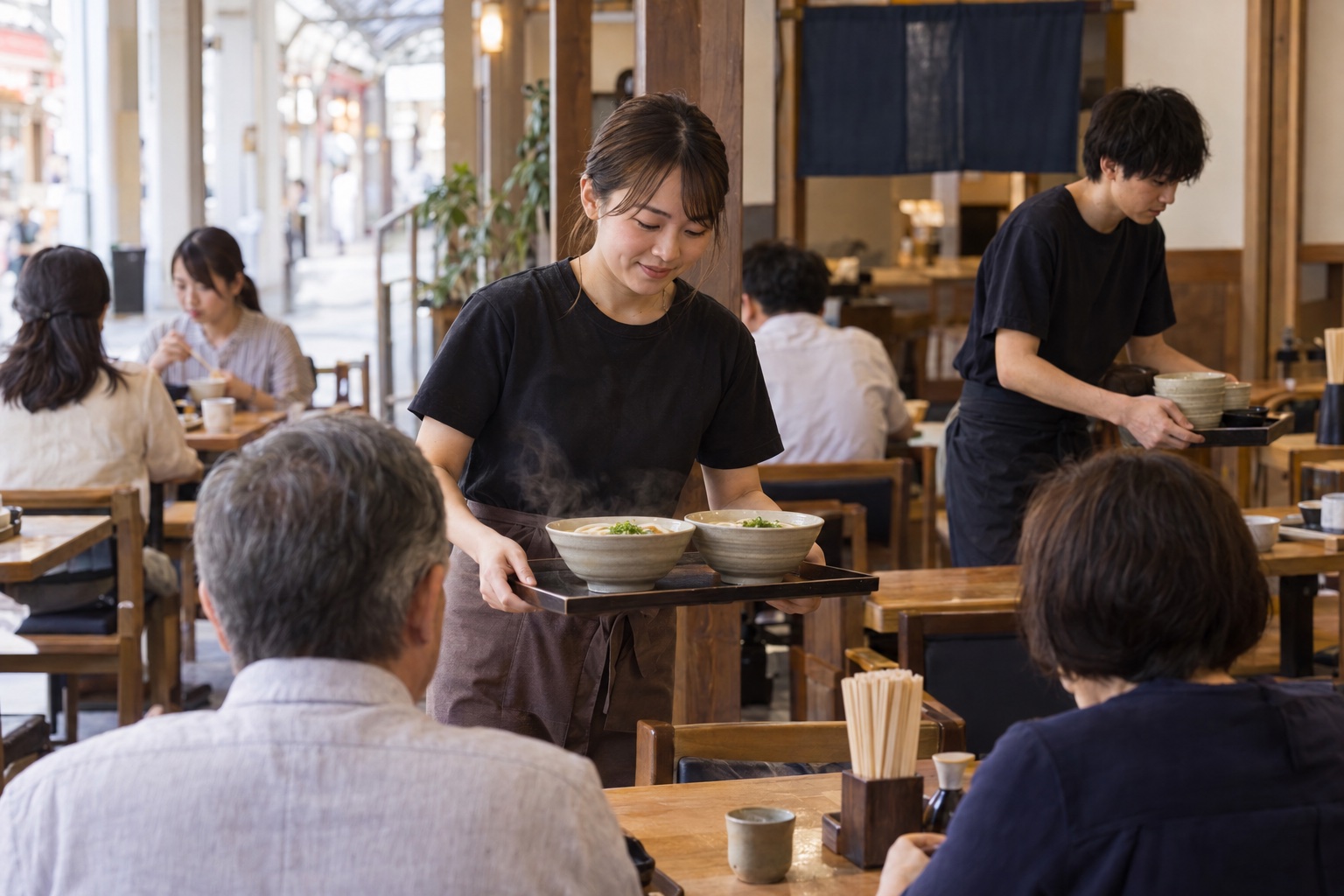昼のうどん店で配膳と片づけに動くスタッフ。AI生成のイメージで、実際の画面・事例・提供内容を示すものではありません。