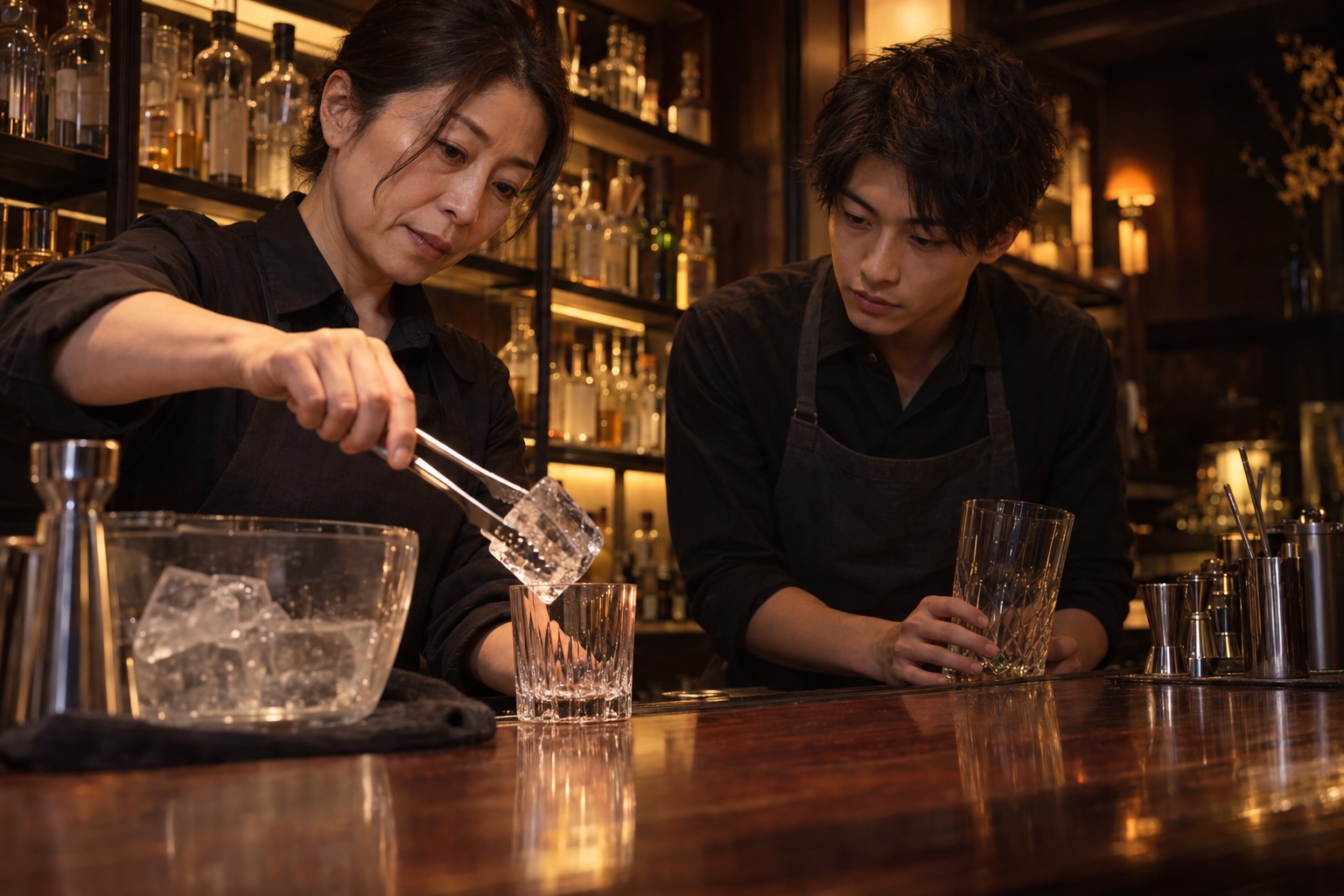 バーのカウンターで新人に氷の扱いを教える先輩。AI生成のイメージで、実際の画面・事例・提供内容を示すものではありません。
