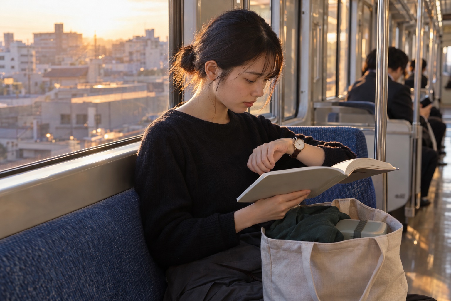通学電車で勉強しながらバイトへ向かう学生。AI生成のイメージで、実際の画面・事例・提供内容を示すものではありません。