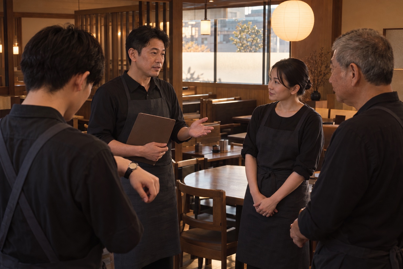 開店前の居酒屋で勤務の担当を確認するスタッフ。AI生成のイメージで、実際の画面・事例・提供内容を示すものではありません。