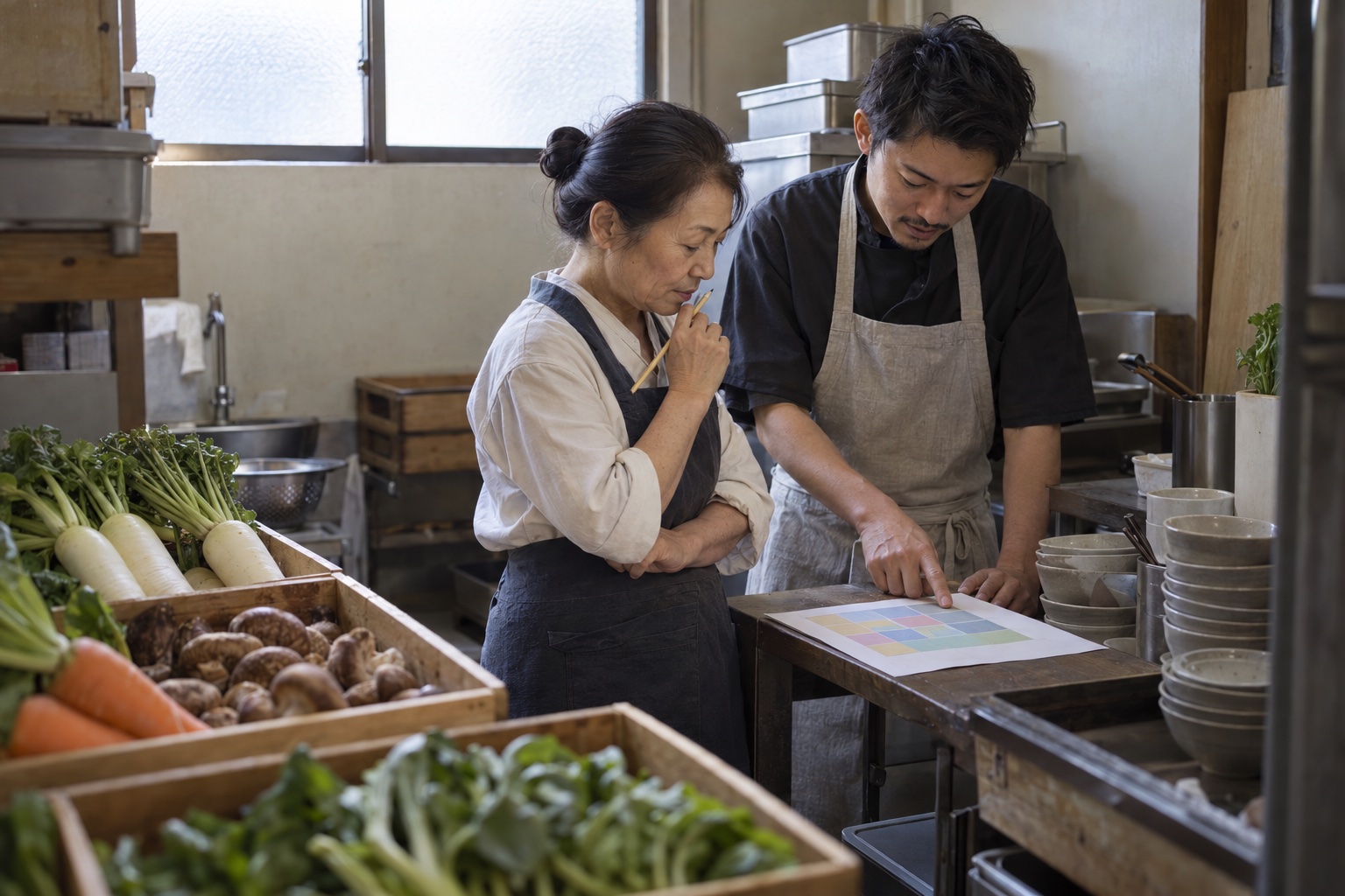 天ぷら店の仕入れ場でシフトを組む店主と店長。AI生成のイメージで、実際の画面・事例・提供内容を示すものではありません。