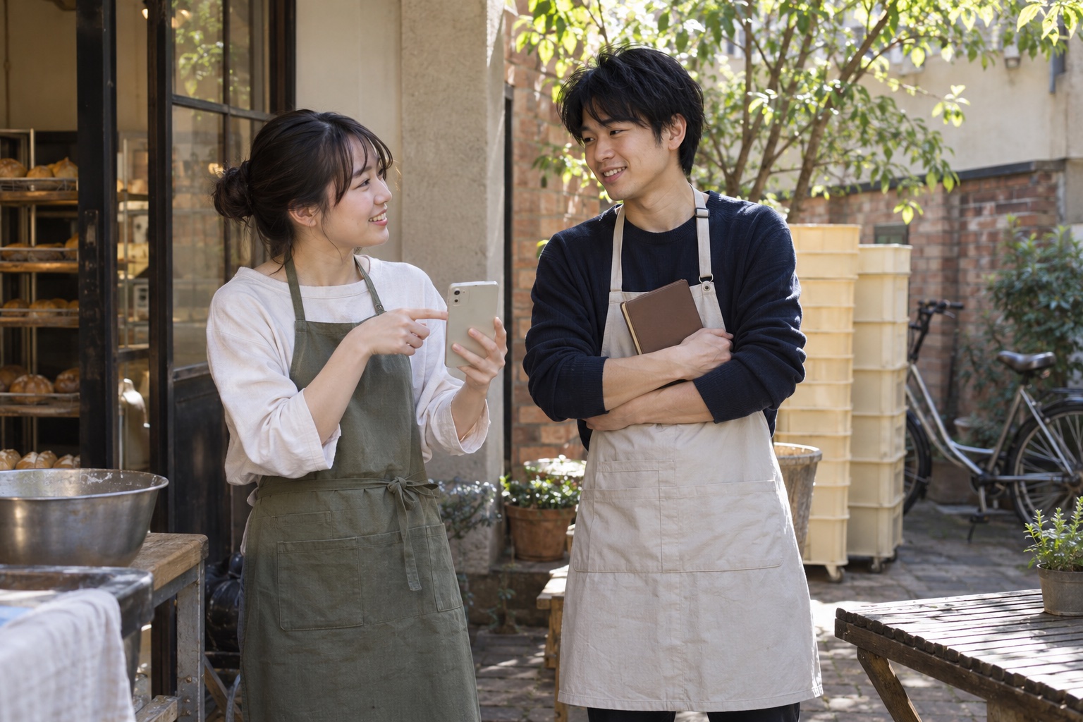 パン屋の中庭で勤務交代を相談する学生。AI生成のイメージで、実際の画面・事例・提供内容を示すものではありません。