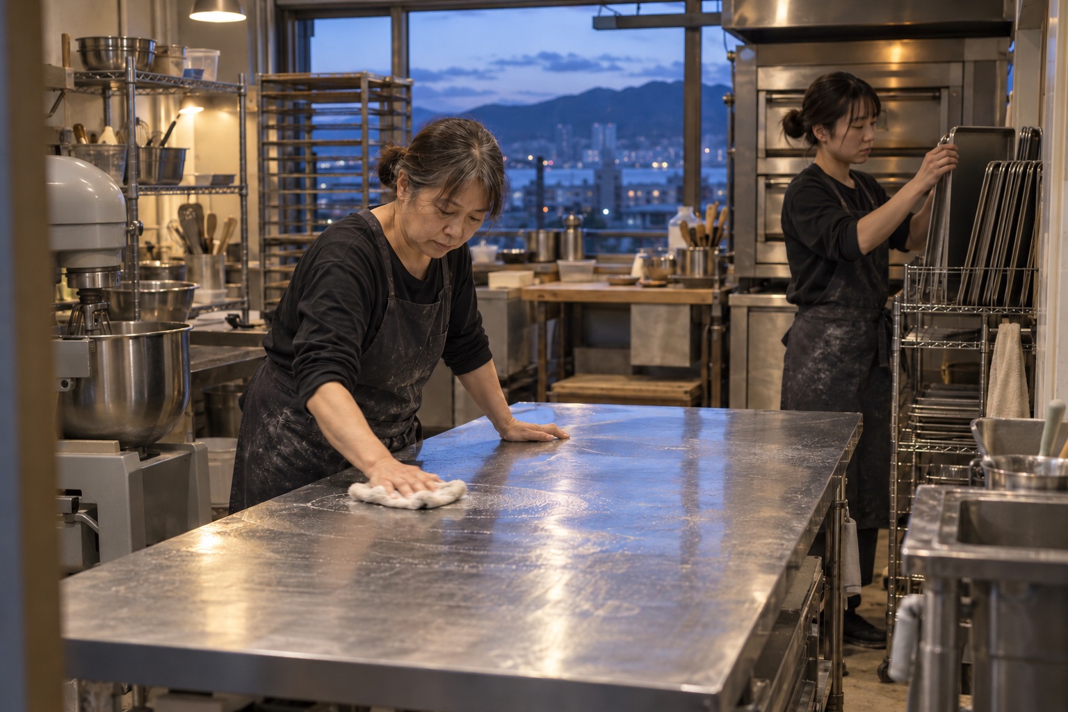夜のパン工房で作業台を清掃する店主と店員。AI生成のイメージで、実際の画面・事例・提供内容を示すものではありません。