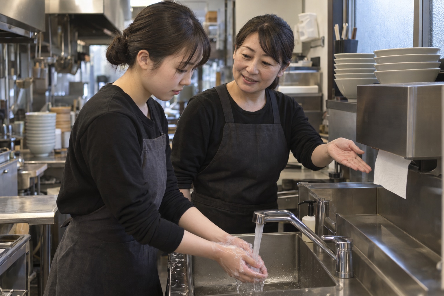 ラーメン店の洗い場で手洗いを学ぶ新人。AI生成のイメージで、実際の画面・事例・提供内容を示すものではありません。