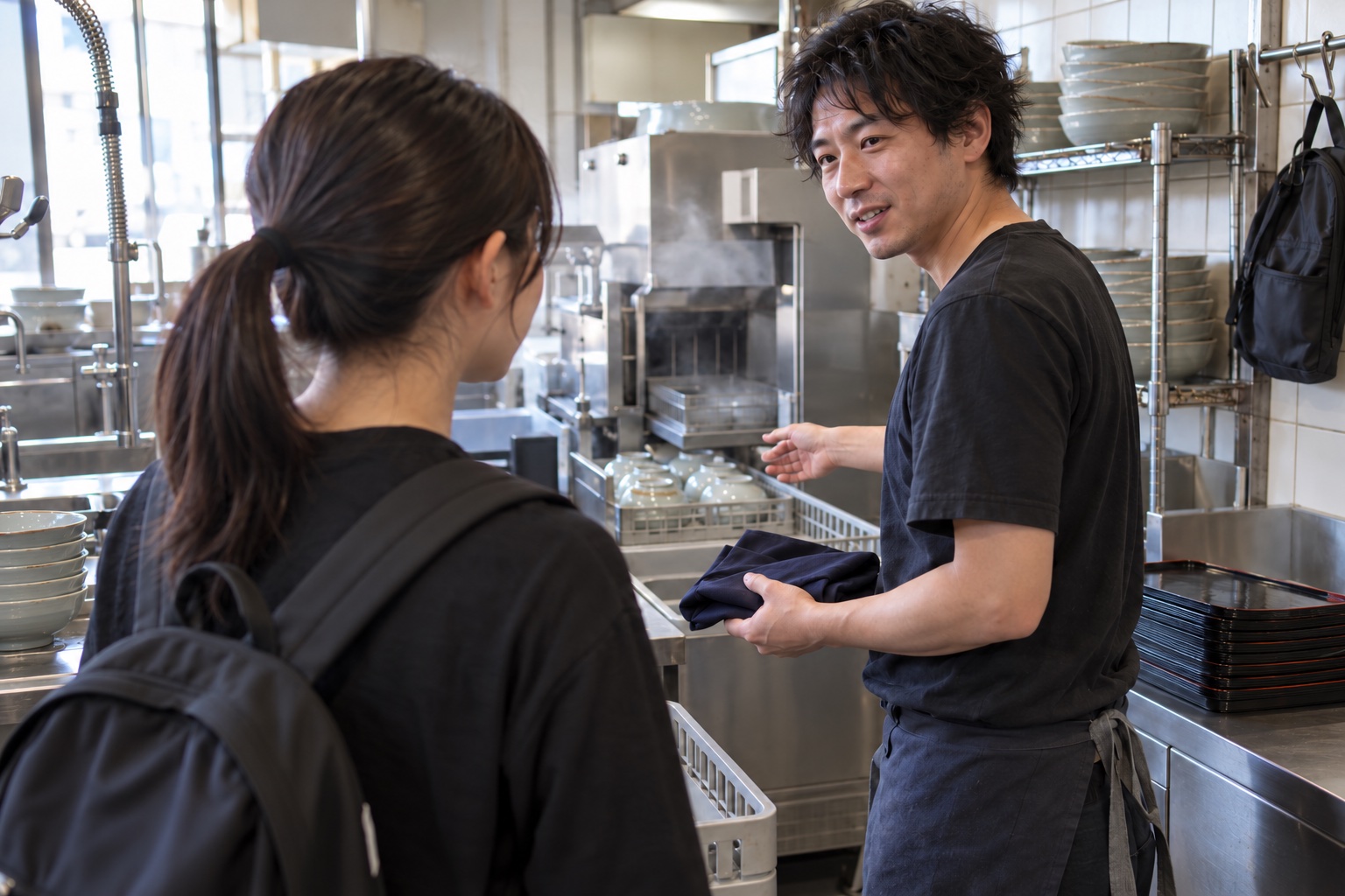 うどん店の洗い場で午後の仕事を引き継ぐ二人。AI生成のイメージで、実際の画面・事例・提供内容を示すものではありません。