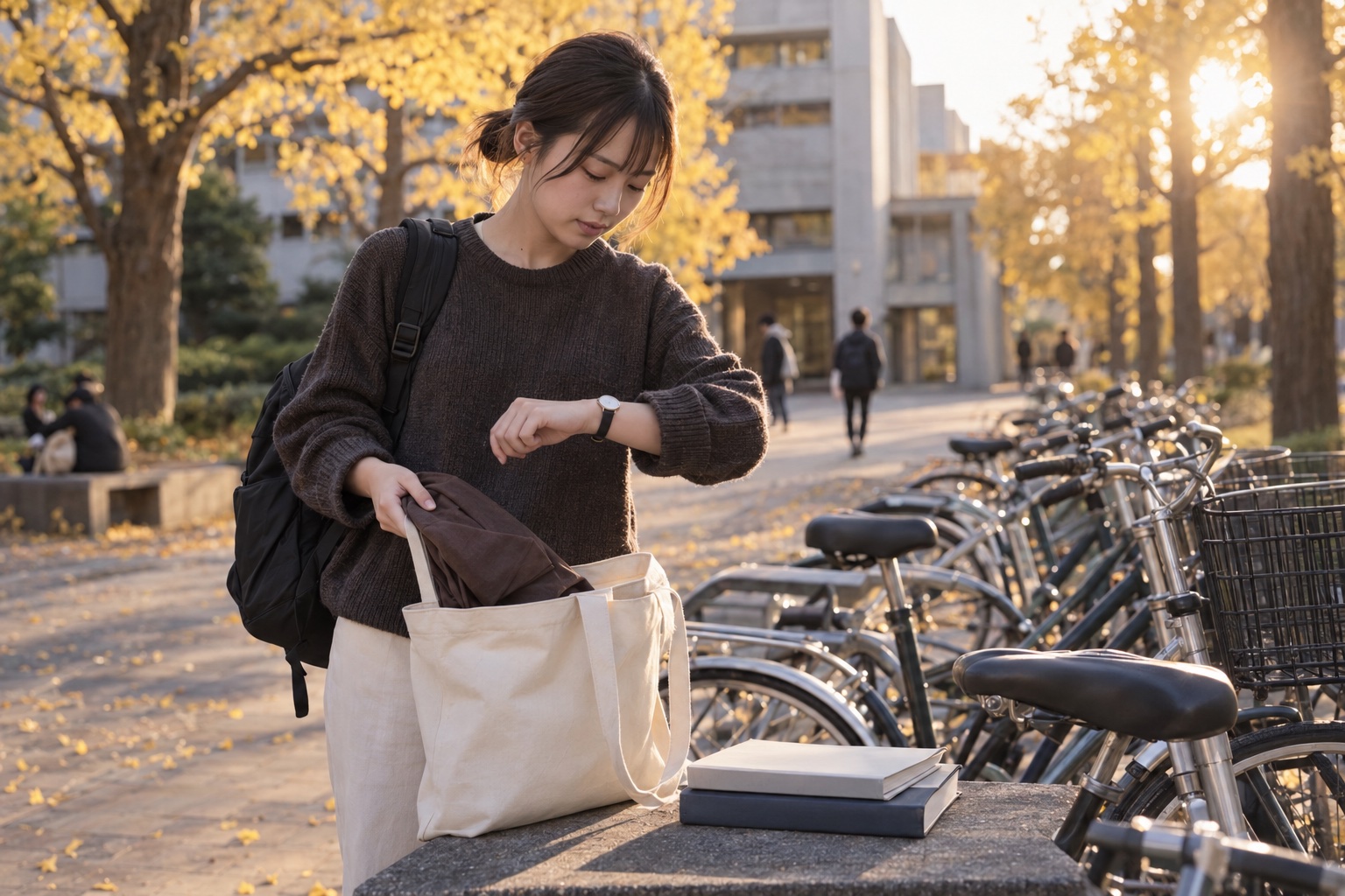 授業後の大学中庭でバイトの支度をする学生。AI生成のイメージで、実際の画面・事例・提供内容を示すものではありません。