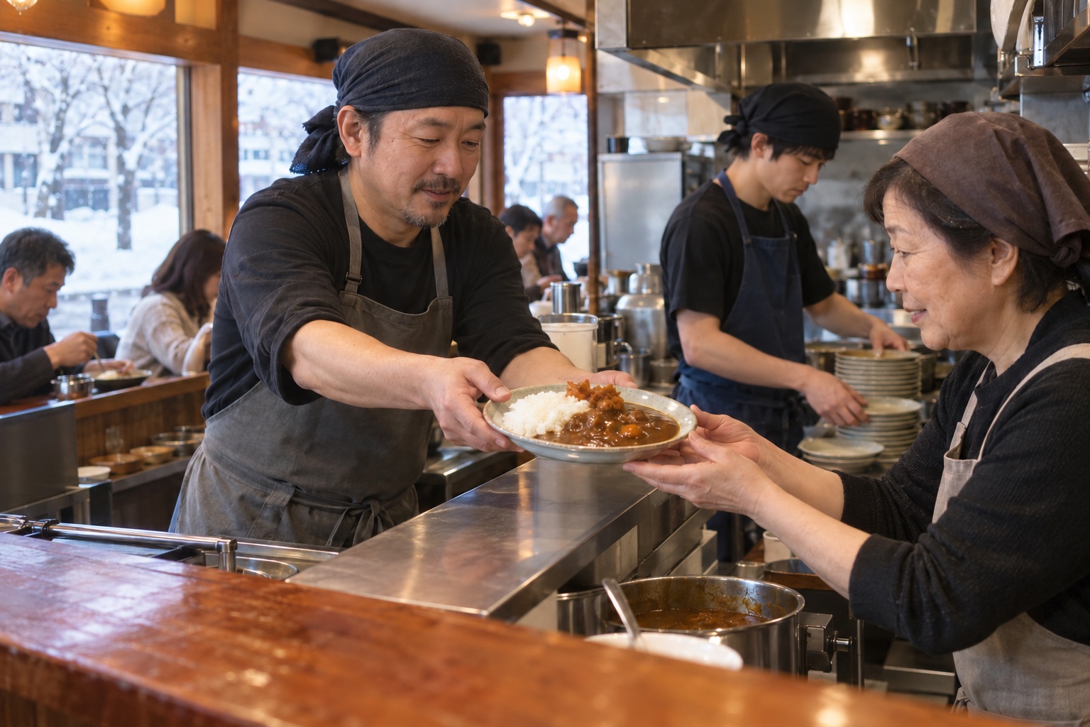 雪の日のカレー店で料理を受け渡すスタッフ。AI生成のイメージで、実際の画面・事例・提供内容を示すものではありません。