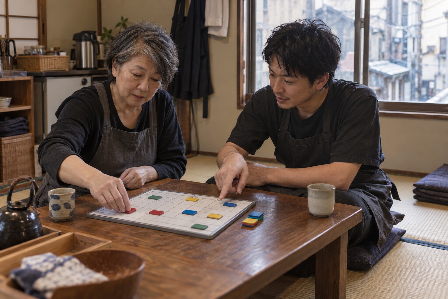 居酒屋の休憩室でシフトを組む店主と店長。AI生成のイメージで、実際の画面・事例・提供内容を示すものではありません。