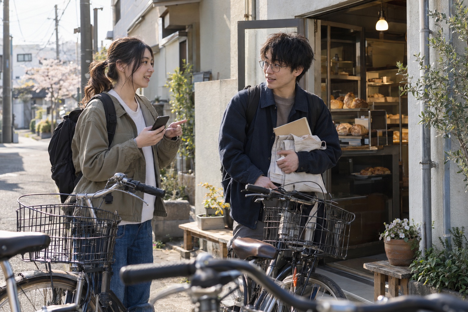 自転車置き場でパン屋の勤務交代を相談する学生。AI生成のイメージで、実際の画面・事例・提供内容を示すものではありません。