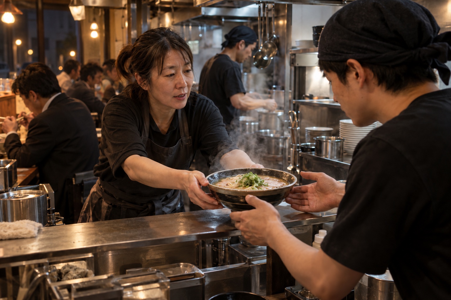 深夜のラーメン店で丼を受け渡すスタッフ。AI生成のイメージで、実際の画面・事例・提供内容を示すものではありません。