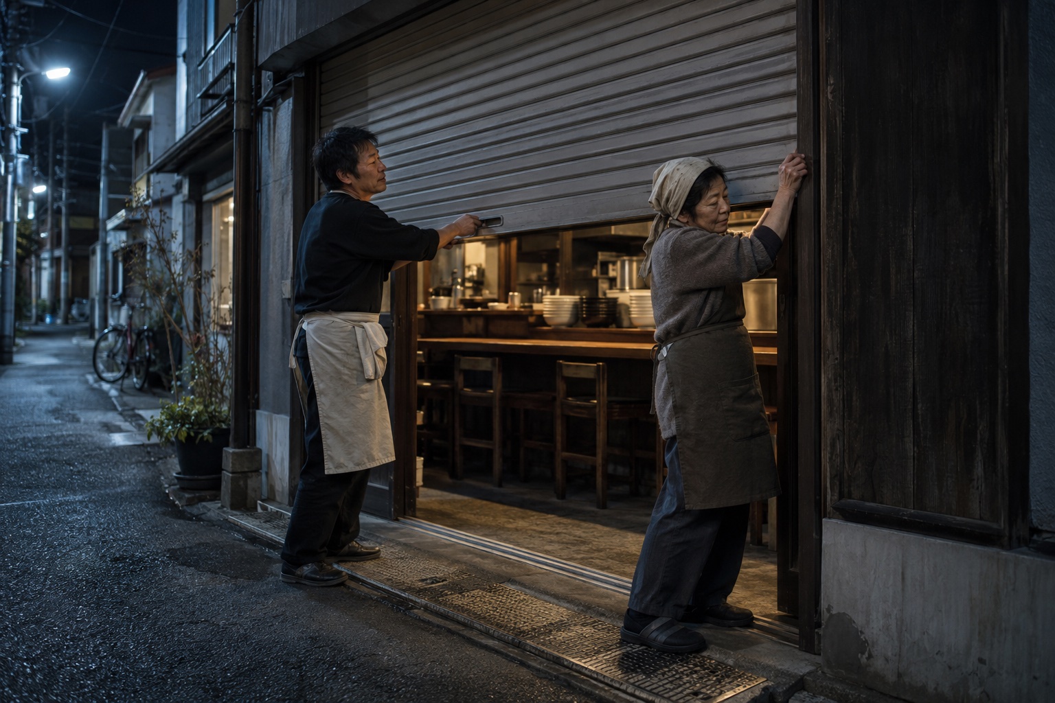 夜のうどん店でシャッターを下ろす店主と店員。AI生成のイメージで、実際の画面・事例・提供内容を示すものではありません。