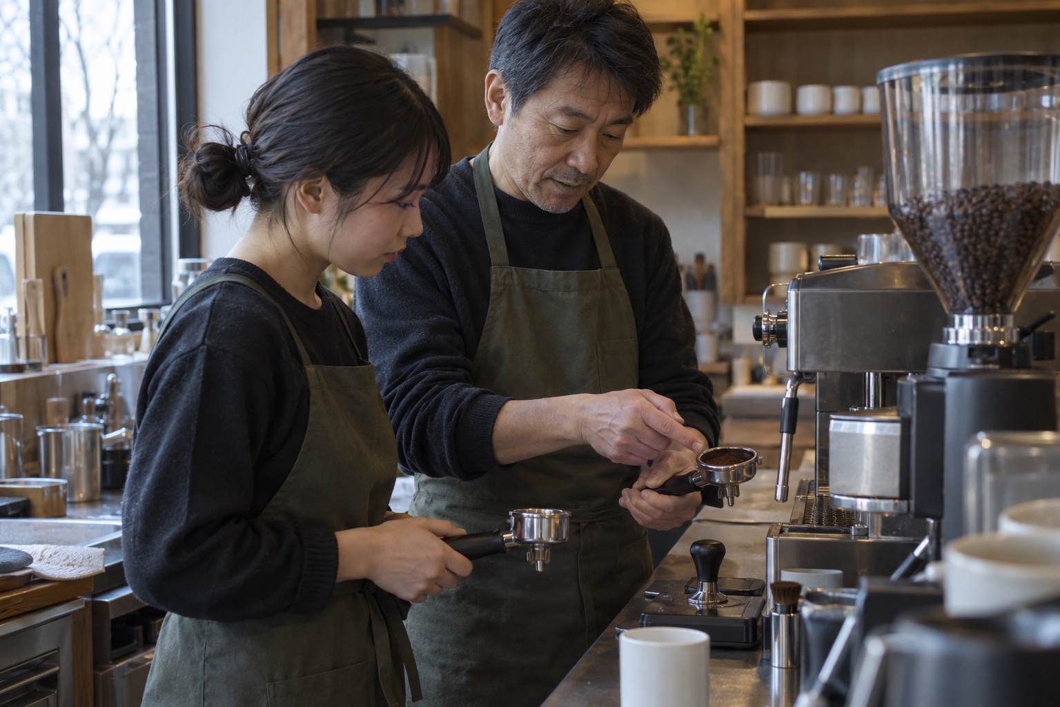 カフェのカウンターで抽出を学ぶ新人スタッフ。AI生成のイメージで、実際の画面・事例・提供内容を示すものではありません。