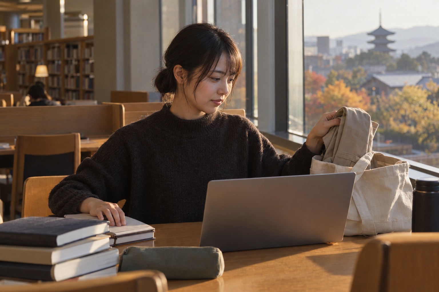 大学図書館で勉強を終えカフェ勤務に備える学生。AI生成のイメージで、実際の画面・事例・提供内容を示すものではありません。