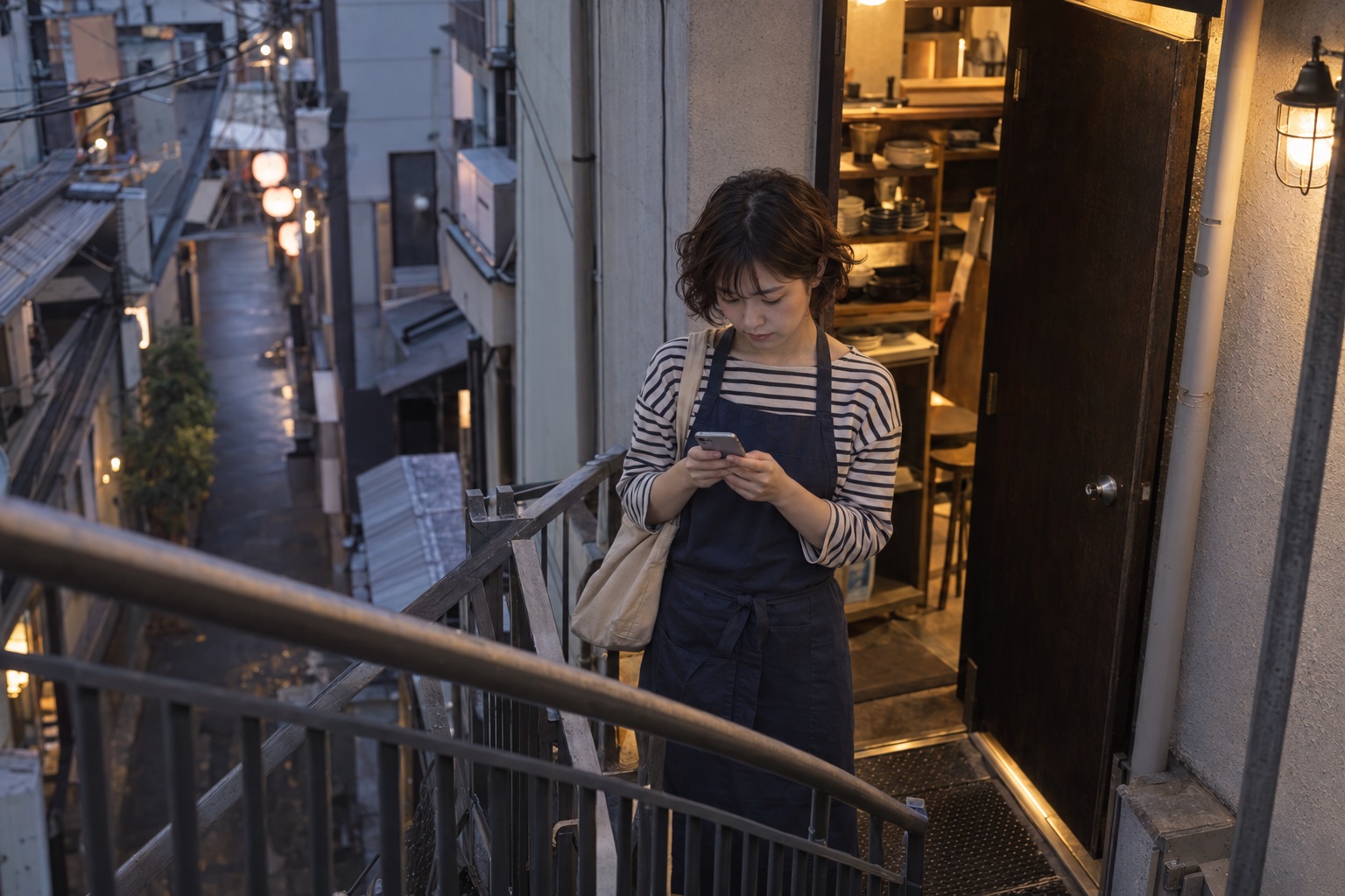 居酒屋の裏階段で出勤予定を確認するスタッフ。AI生成のイメージで、実際の画面・事例・提供内容を示すものではありません。