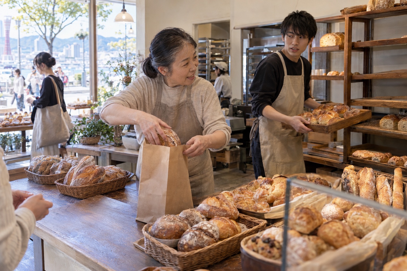 週末のパン屋で袋詰めと補充に連携するスタッフ。AI生成のイメージで、実際の画面・事例・提供内容を示すものではありません。