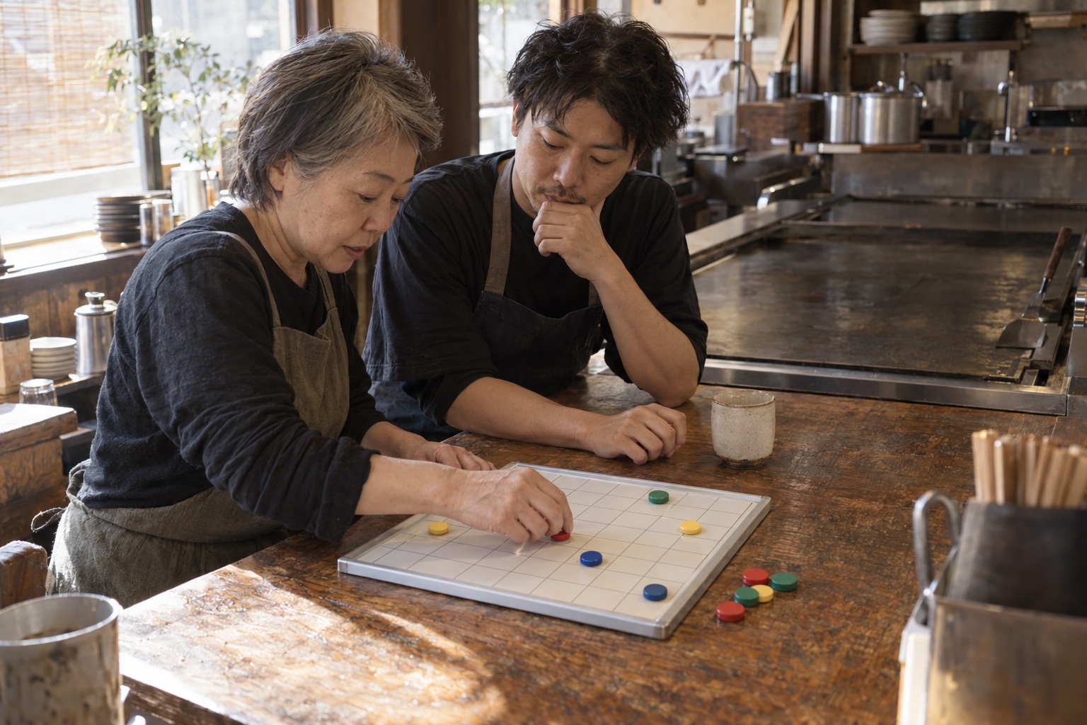 午後のお好み焼き店でシフトを相談する二人。AI生成のイメージで、実際の画面・事例・提供内容を示すものではありません。