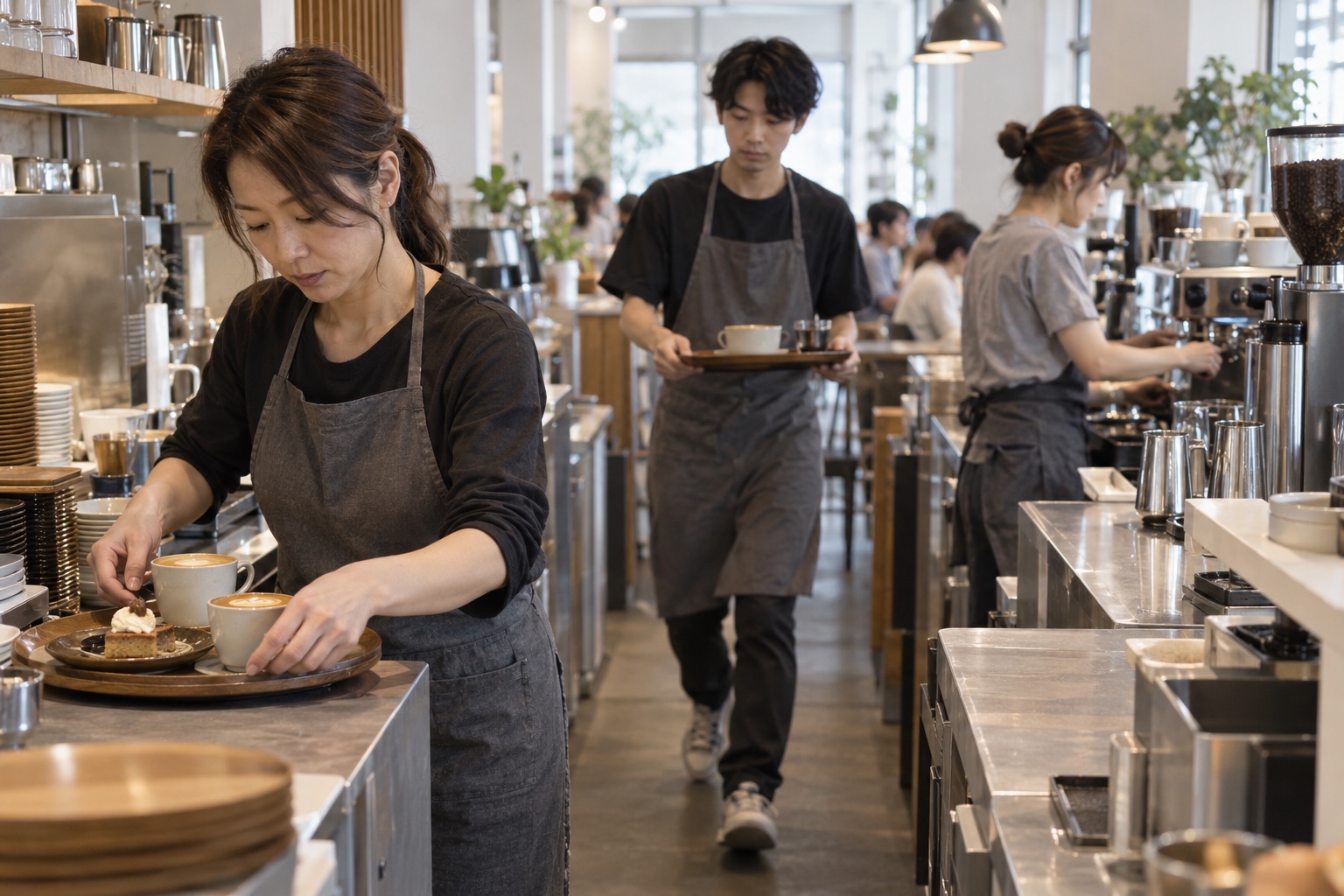 朝のカフェで注文に連携して応える三人のスタッフ。AI生成のイメージで、実際の画面・事例・提供内容を示すものではありません。
