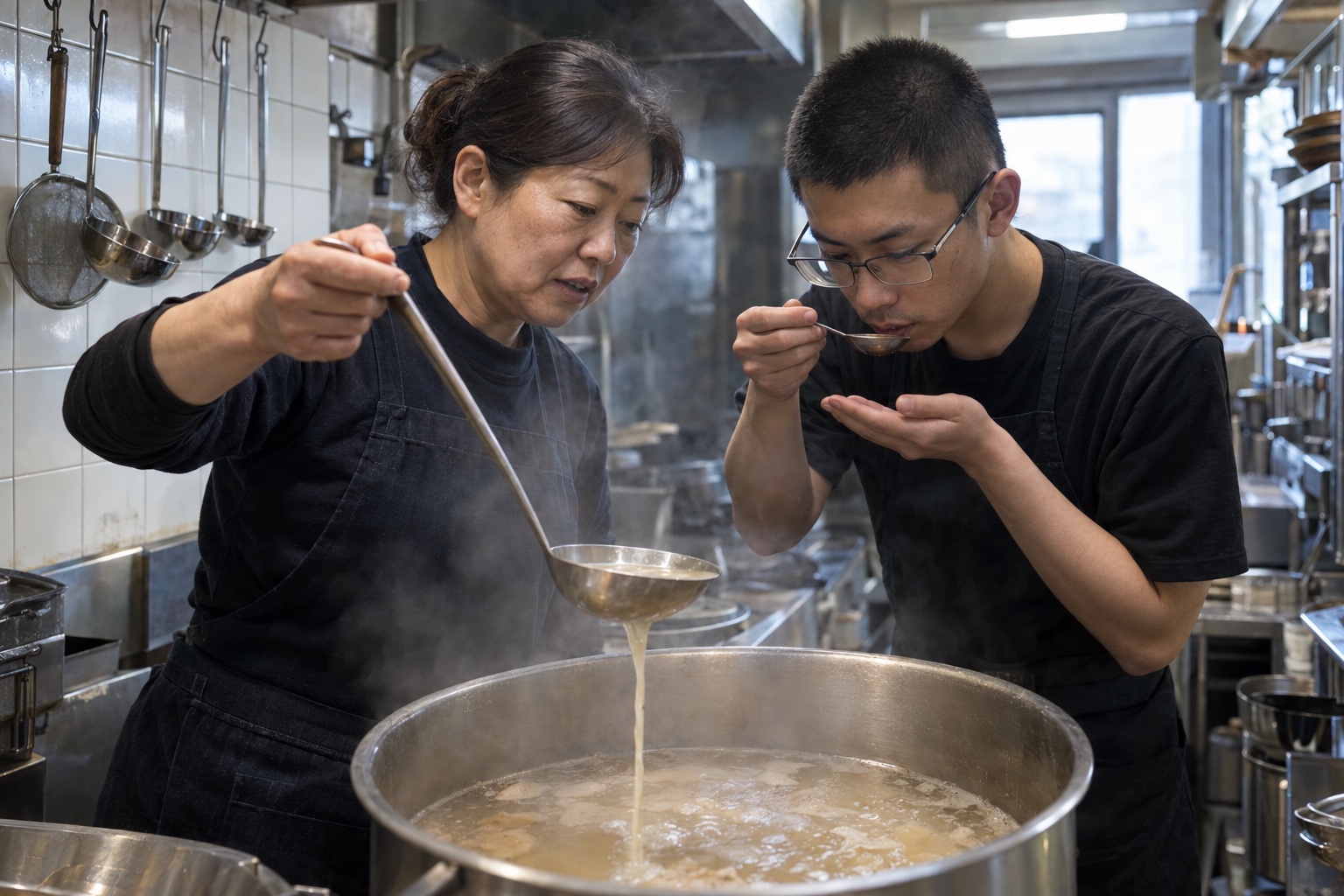 午前のラーメン店でスープを引き継ぐ二人。AI生成のイメージで、実際の画面・事例・提供内容を示すものではありません。