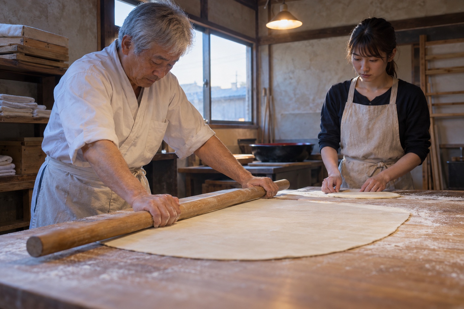 早朝のうどん店で生地の伸ばし方を学ぶ新人。AI生成のイメージで、実際の画面・事例・提供内容を示すものではありません。