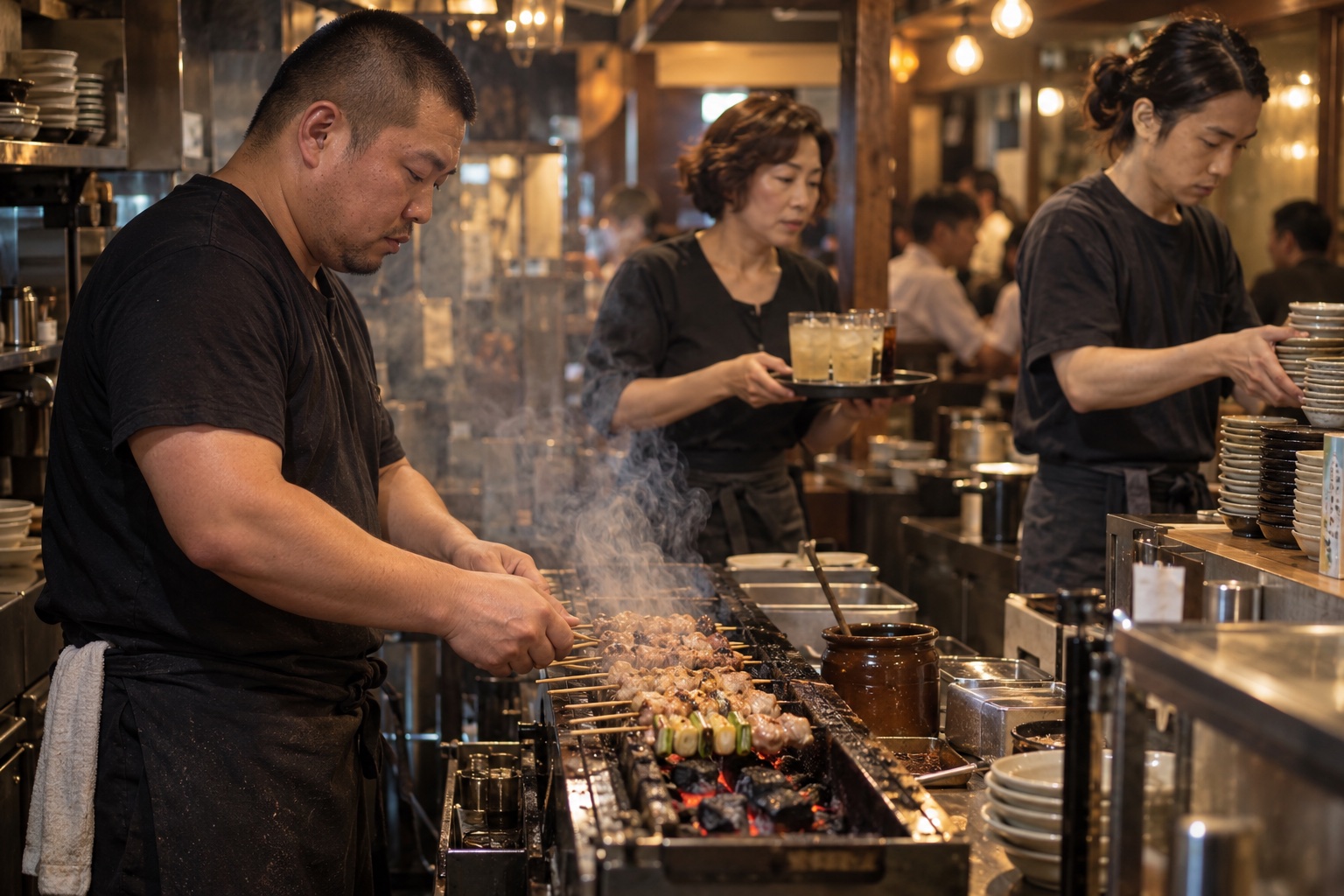 夕食時の焼き鳥居酒屋で連携する調理と接客。AI生成のイメージで、実際の画面・事例・提供内容を示すものではありません。