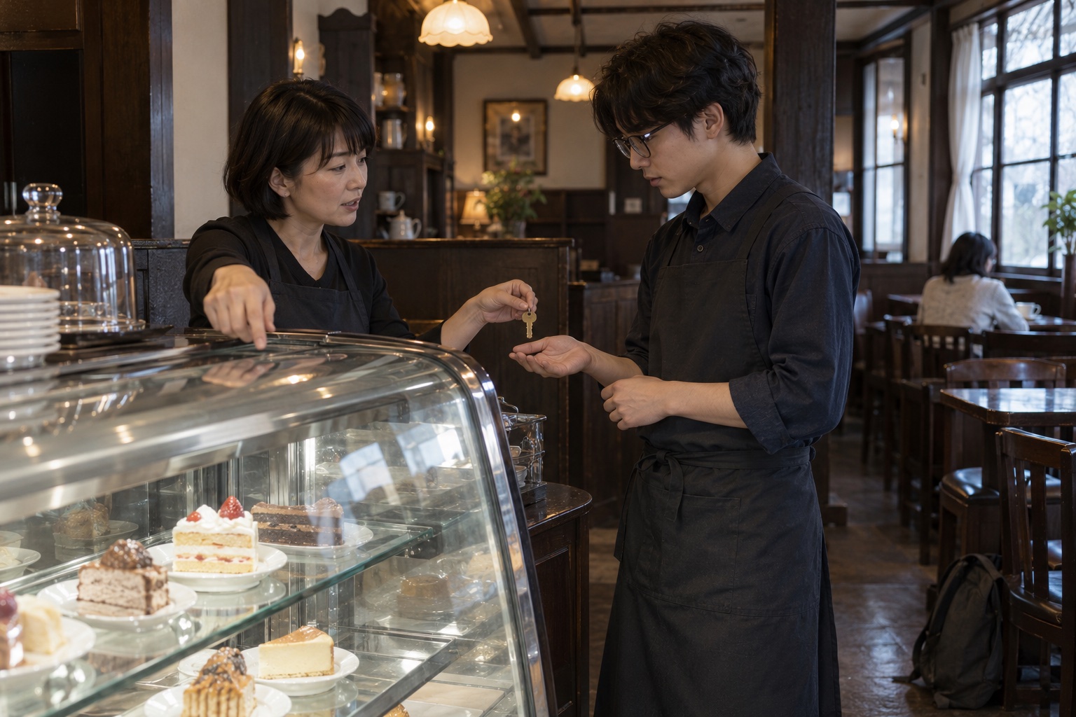 午後の喫茶店でケーキの在庫を引き継ぐ二人。AI生成のイメージで、実際の画面・事例・提供内容を示すものではありません。