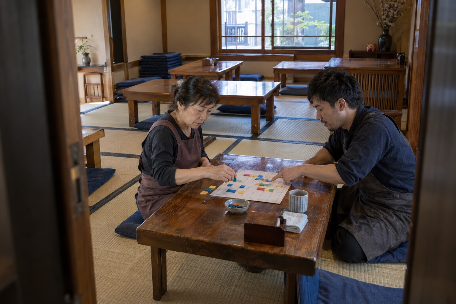 開店前の定食屋でシフトを組む店主と店長。AI生成のイメージで、実際の画面・事例・提供内容を示すものではありません。