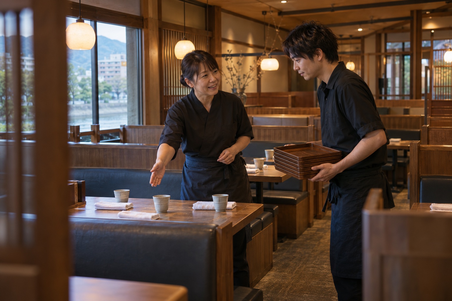 夕方の居酒屋で客席準備を引き継ぐ二人。AI生成のイメージで、実際の画面・事例・提供内容を示すものではありません。