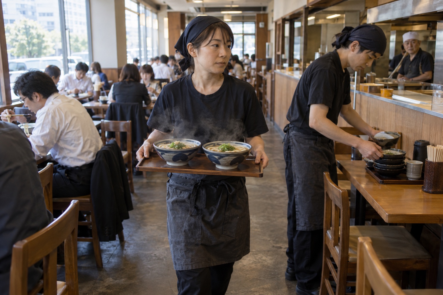 昼どきのうどん店で配膳に走るスタッフ。AI生成のイメージで、実際の画面・事例・提供内容を示すものではありません。