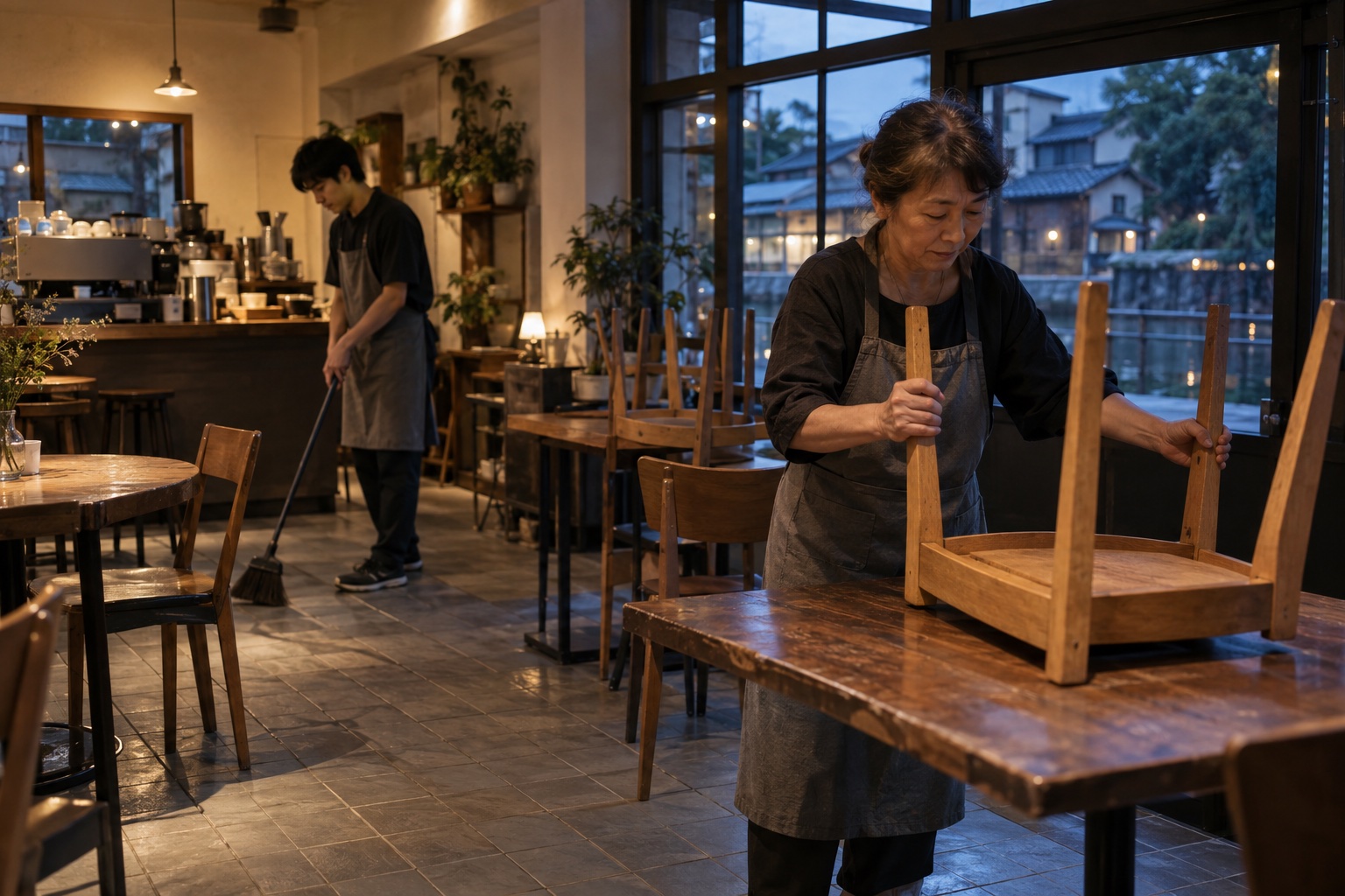 閉店後のカフェで椅子と床を片づける二人。AI生成のイメージで、実際の画面・事例・提供内容を示すものではありません。