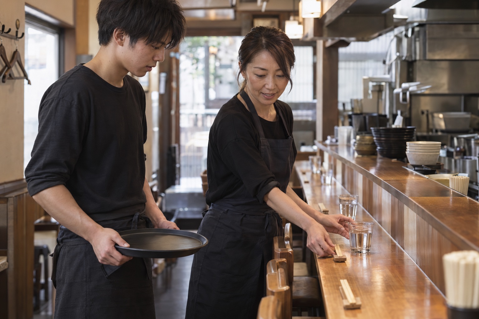 ラーメン店の客席で接客を学ぶ新人。AI生成のイメージで、実際の画面・事例・提供内容を示すものではありません。