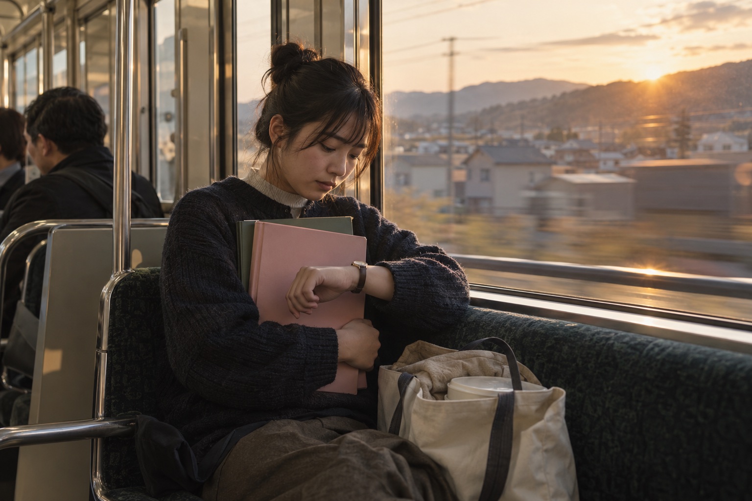 朝の電車で授業とパン屋勤務に備える学生。AI生成のイメージで、実際の画面・事例・提供内容を示すものではありません。