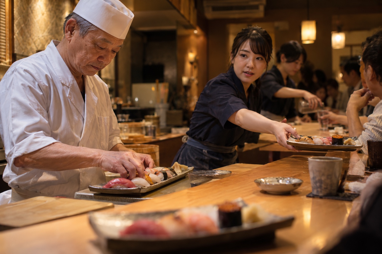 夜の寿司店で連携して客を迎えるスタッフ。AI生成のイメージで、実際の画面・事例・提供内容を示すものではありません。