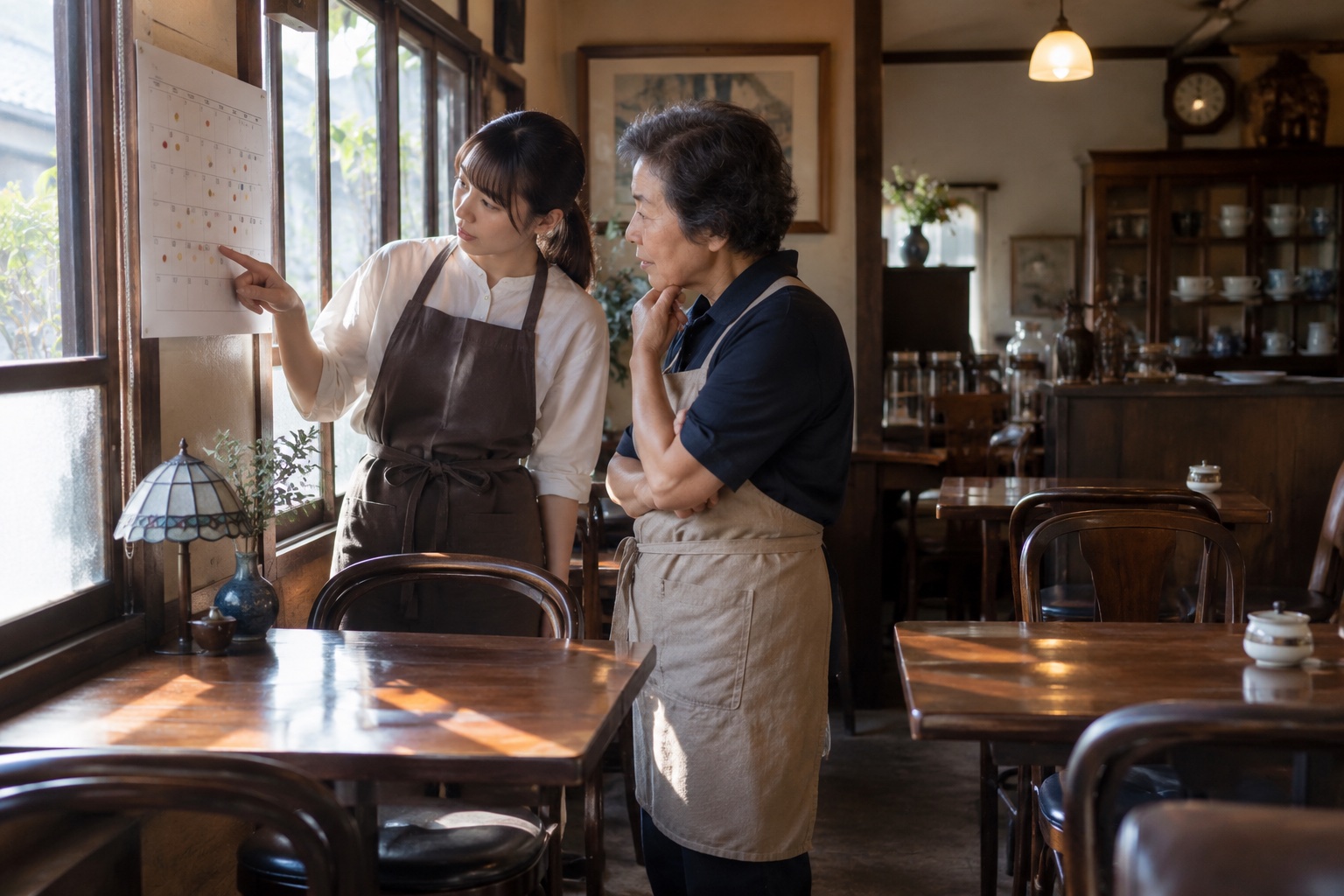 開店前の喫茶店で勤務表を確認する店主と店員。AI生成のイメージで、実際の画面・事例・提供内容を示すものではありません。