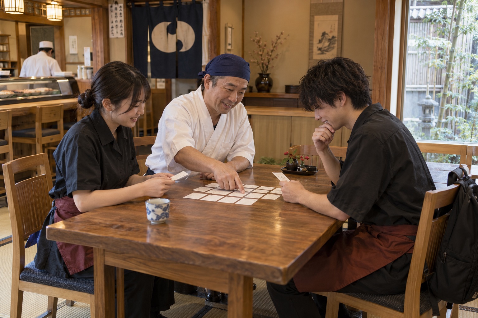 寿司店の客席で勤務予定を相談する三人。AI生成のイメージで、実際の画面・事例・提供内容を示すものではありません。