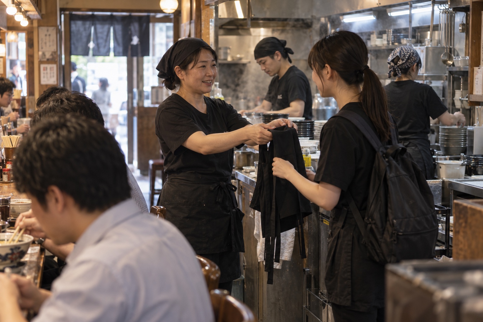 昼のラーメン店で出勤した学生にエプロンを渡す店員。AI生成のイメージで、実際の画面・事例・提供内容を示すものではありません。