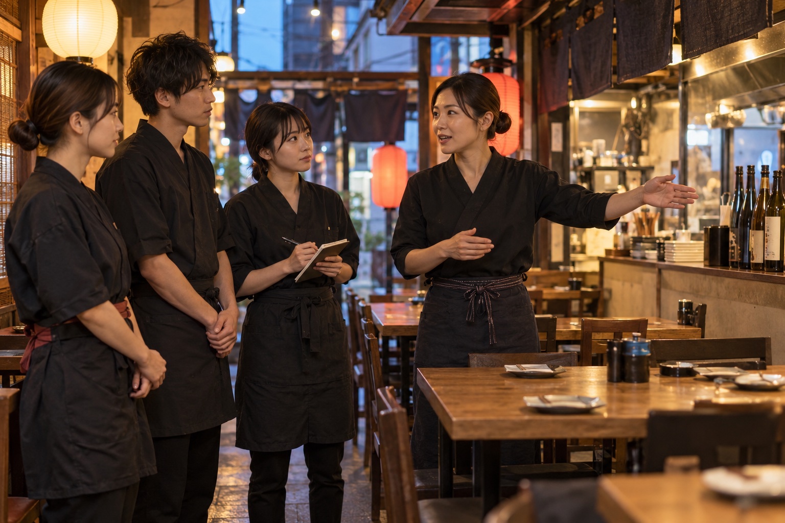 開店前の居酒屋で客席の引き継ぎを受ける店員たち。AI生成のイメージで、実際の画面・事例・提供内容を示すものではありません。