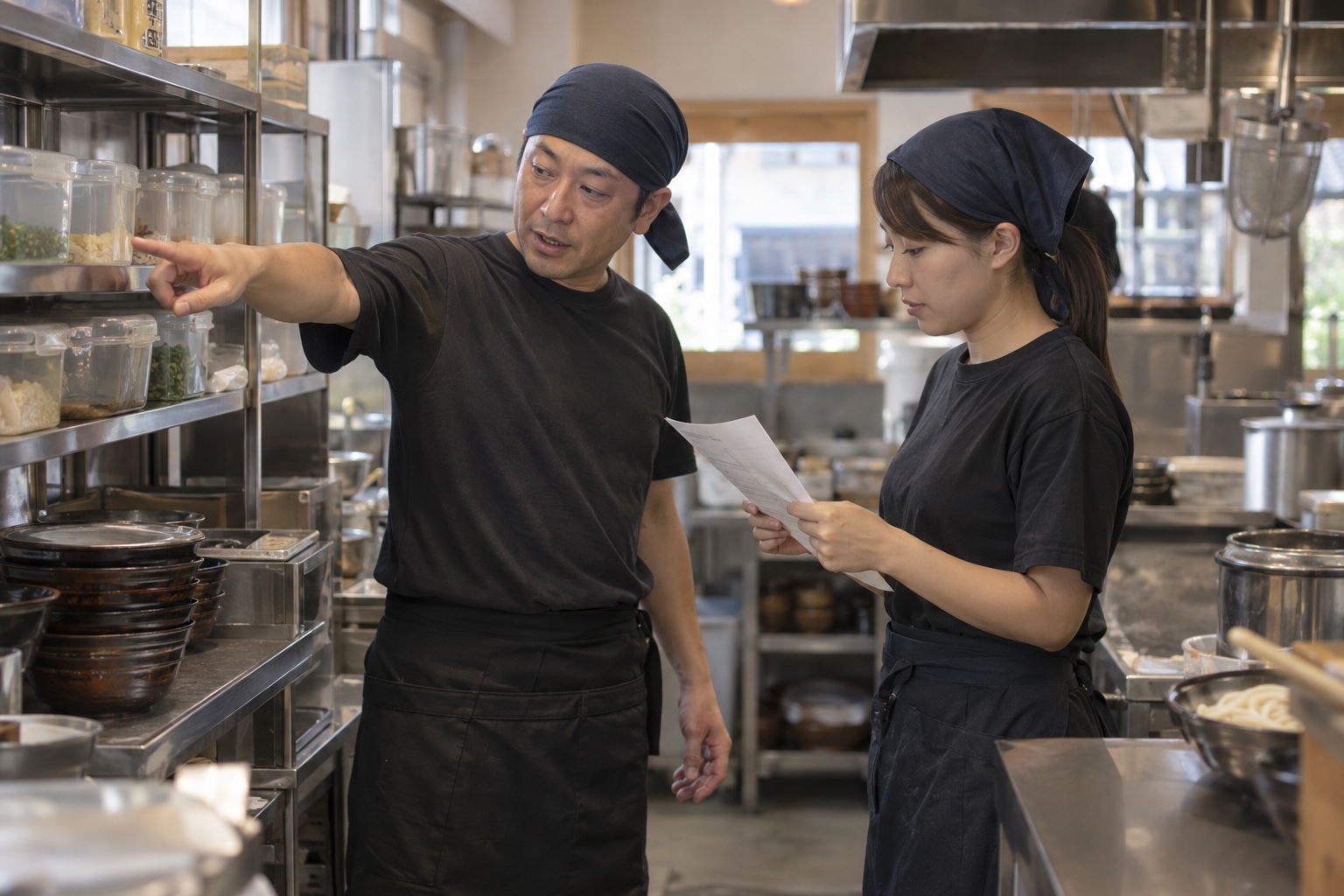 午後のうどん店で在庫を引き継ぐスタッフ。AI生成のイメージで、実際の画面・事例・提供内容を示すものではありません。
