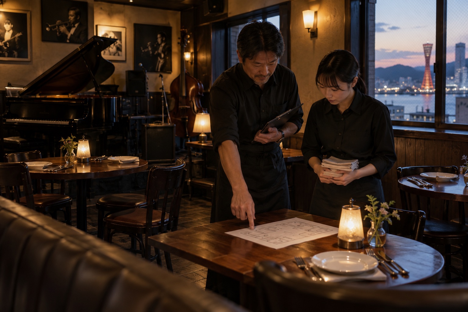 開店前のバーで客席の準備を教わる新人。AI生成のイメージで、実際の画面・事例・提供内容を示すものではありません。