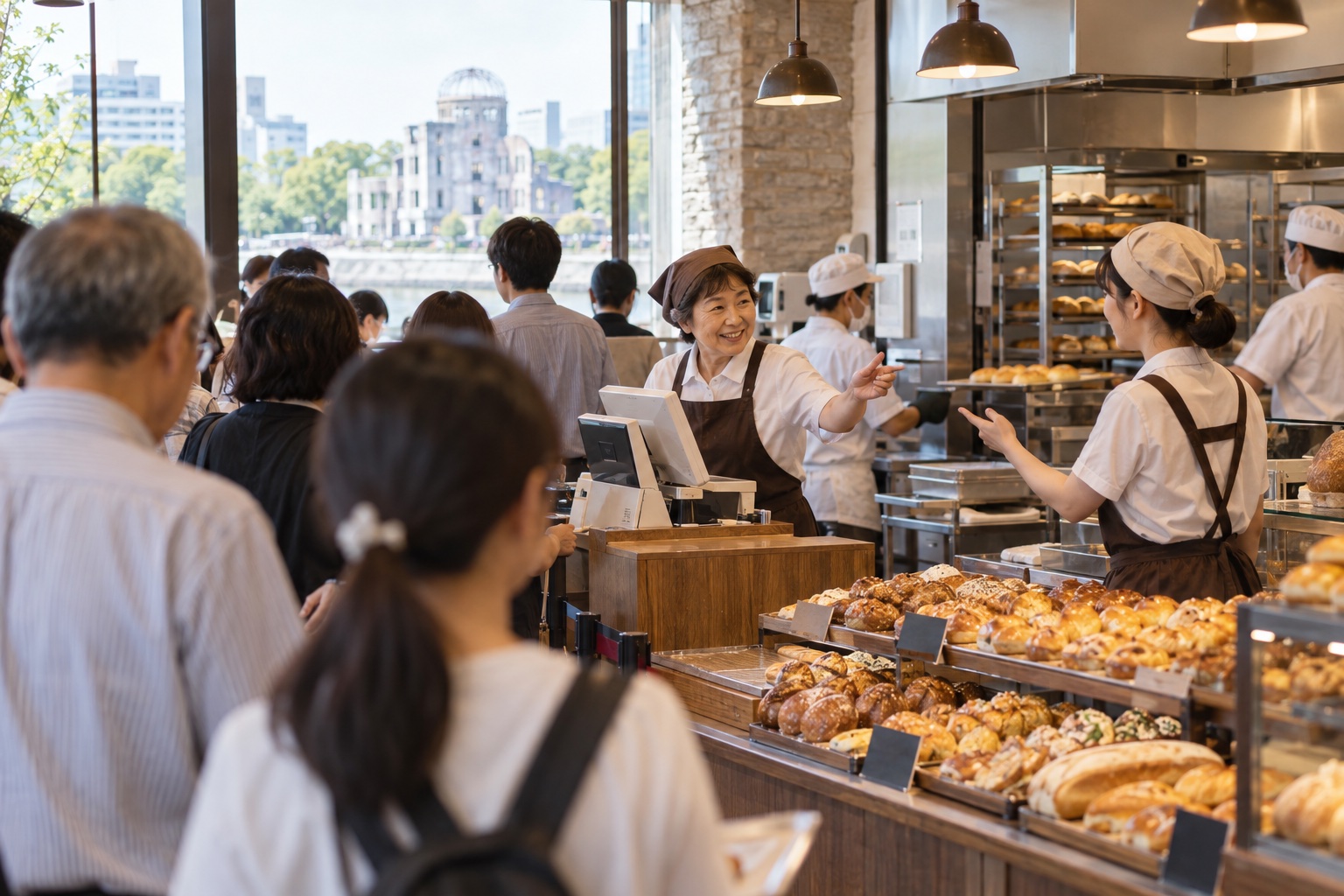 昼のパン屋で行列に連携して応える店員たち。AI生成のイメージで、実際の画面・事例・提供内容を示すものではありません。
